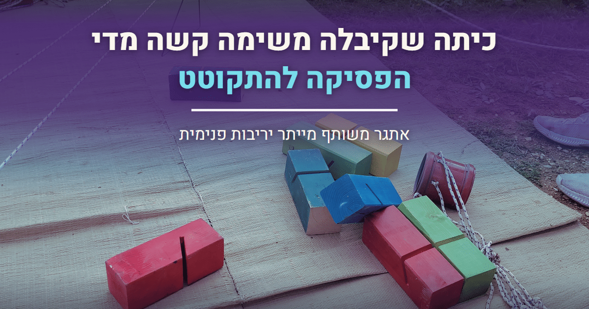 פעילות לכיתה מסוכסכת: קוביות עץ צבעוניות וחבלים על מחצלת, ציוד של משימת יום שיא, עם הכיתוב אתגר משותף מייתר יריבות פנימית